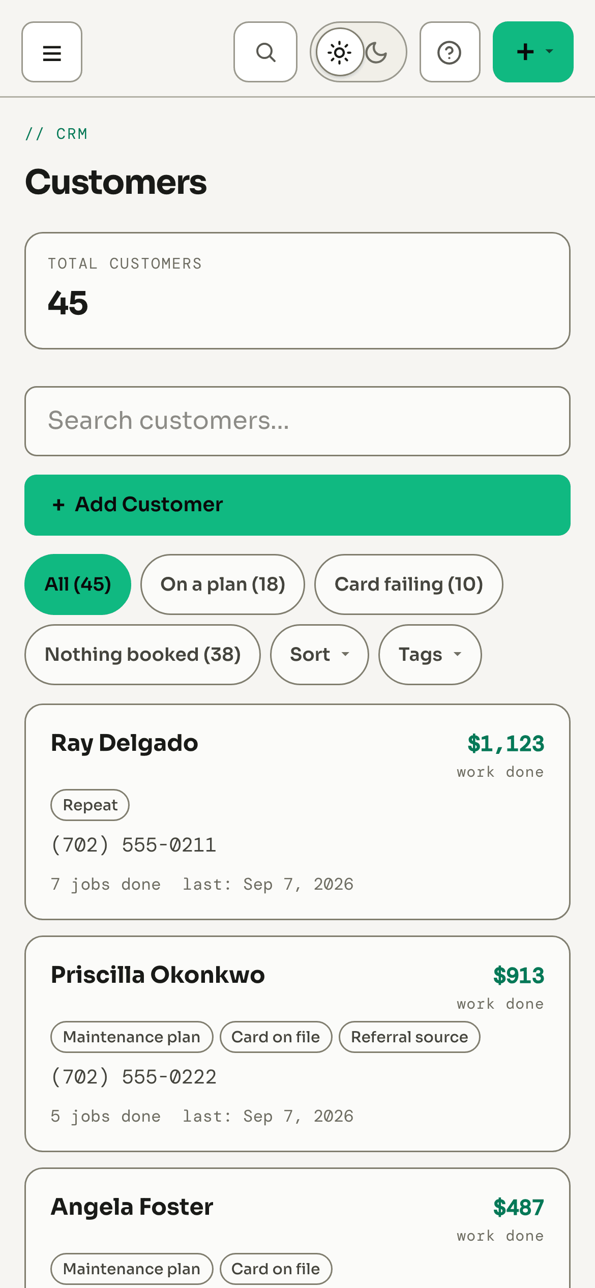 Corex CRM on a phone: the customer list with search