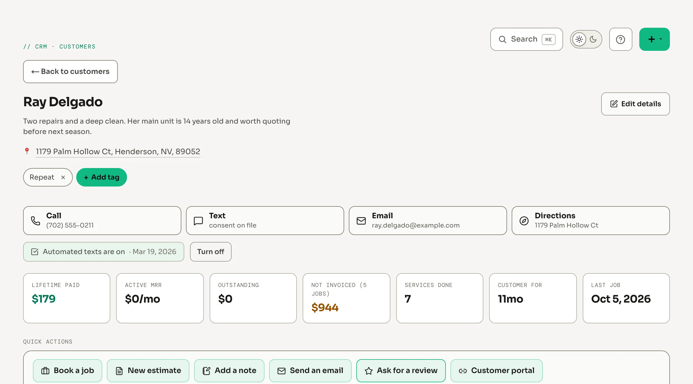 A customer record in Corex CRM: contact buttons, lifetime paid, outstanding, services done, and quick actions to book a job, send an estimate or ask for a review