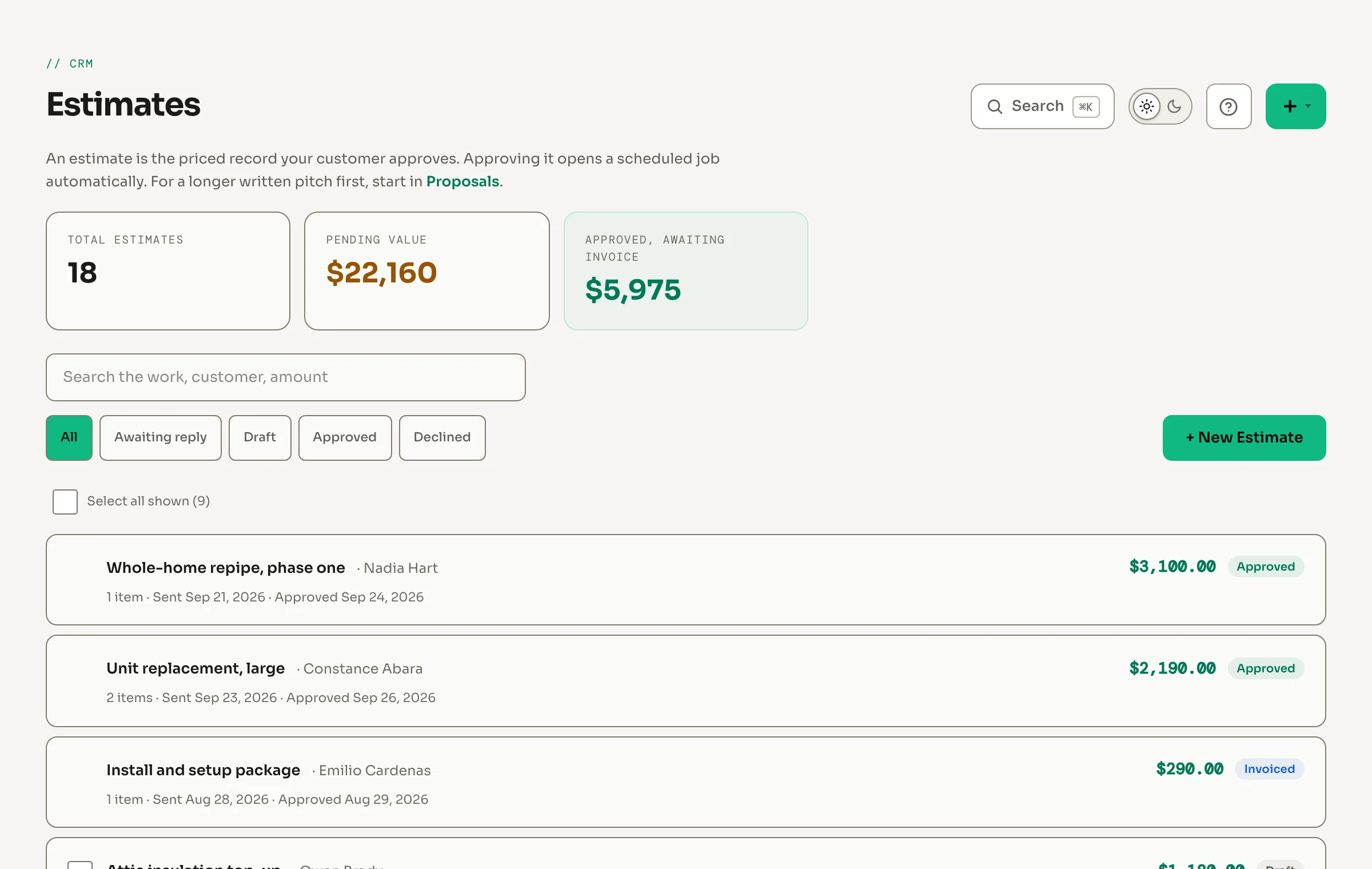 The Corex CRM estimates list: pending value, approved work awaiting an invoice, and each estimate with its status