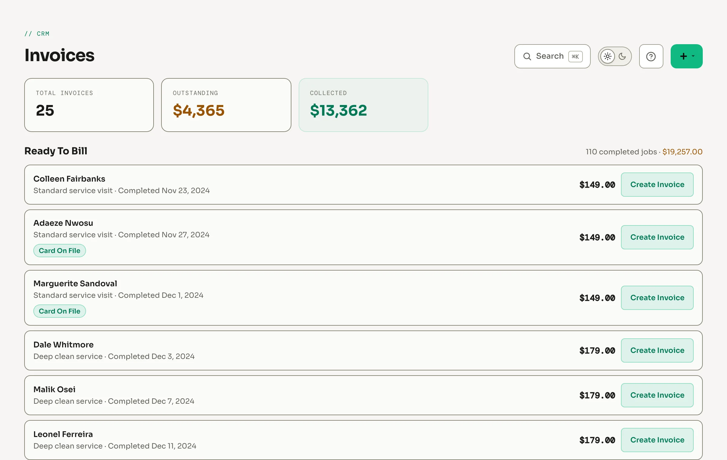 The Corex CRM invoices page: outstanding and collected totals, and finished jobs ready to bill with a Create invoice button