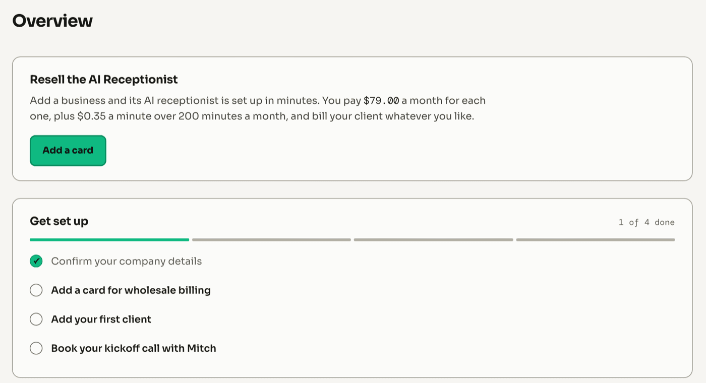 The Corex partner portal overview: a Resell the AI Receptionist panel at $79 a month wholesale, and a four-step setup checklist