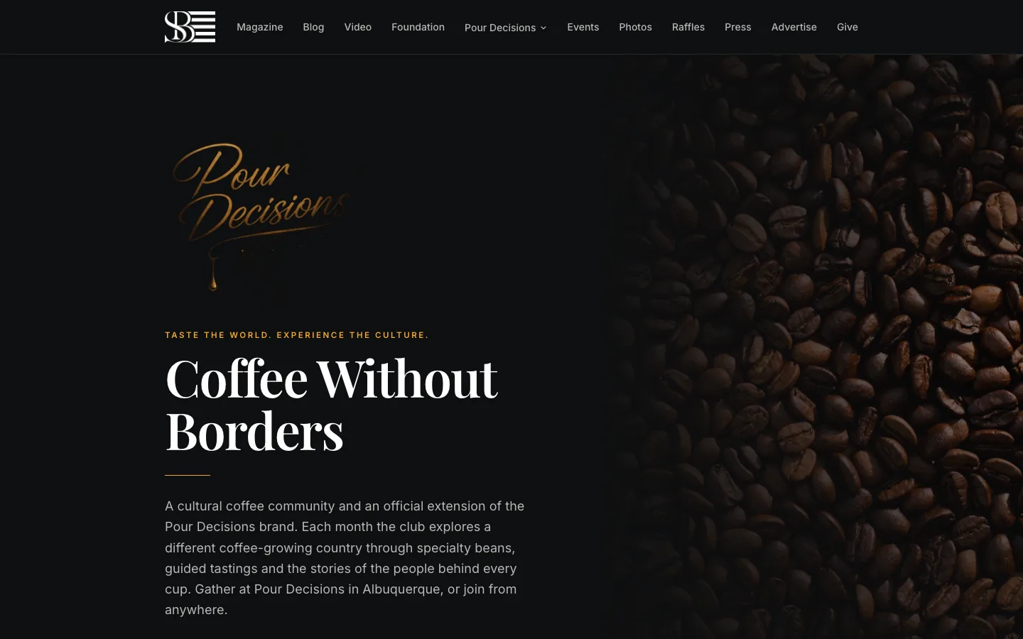 Coffee Without Borders page, the coffee club of Pour Decisions, beside a photo of coffee beans