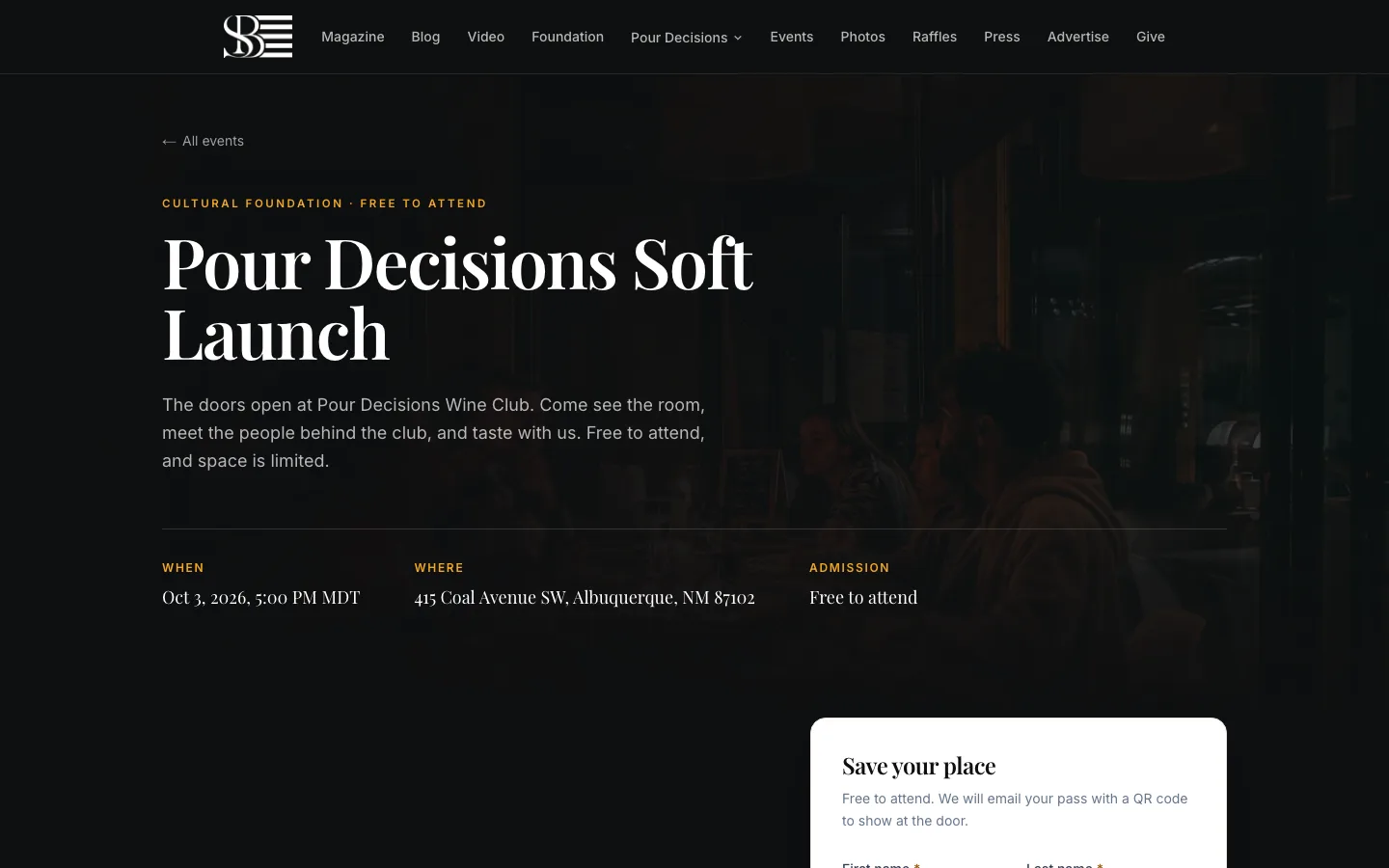 Pour Decisions Soft Launch event page with the date, address and a Save your place form