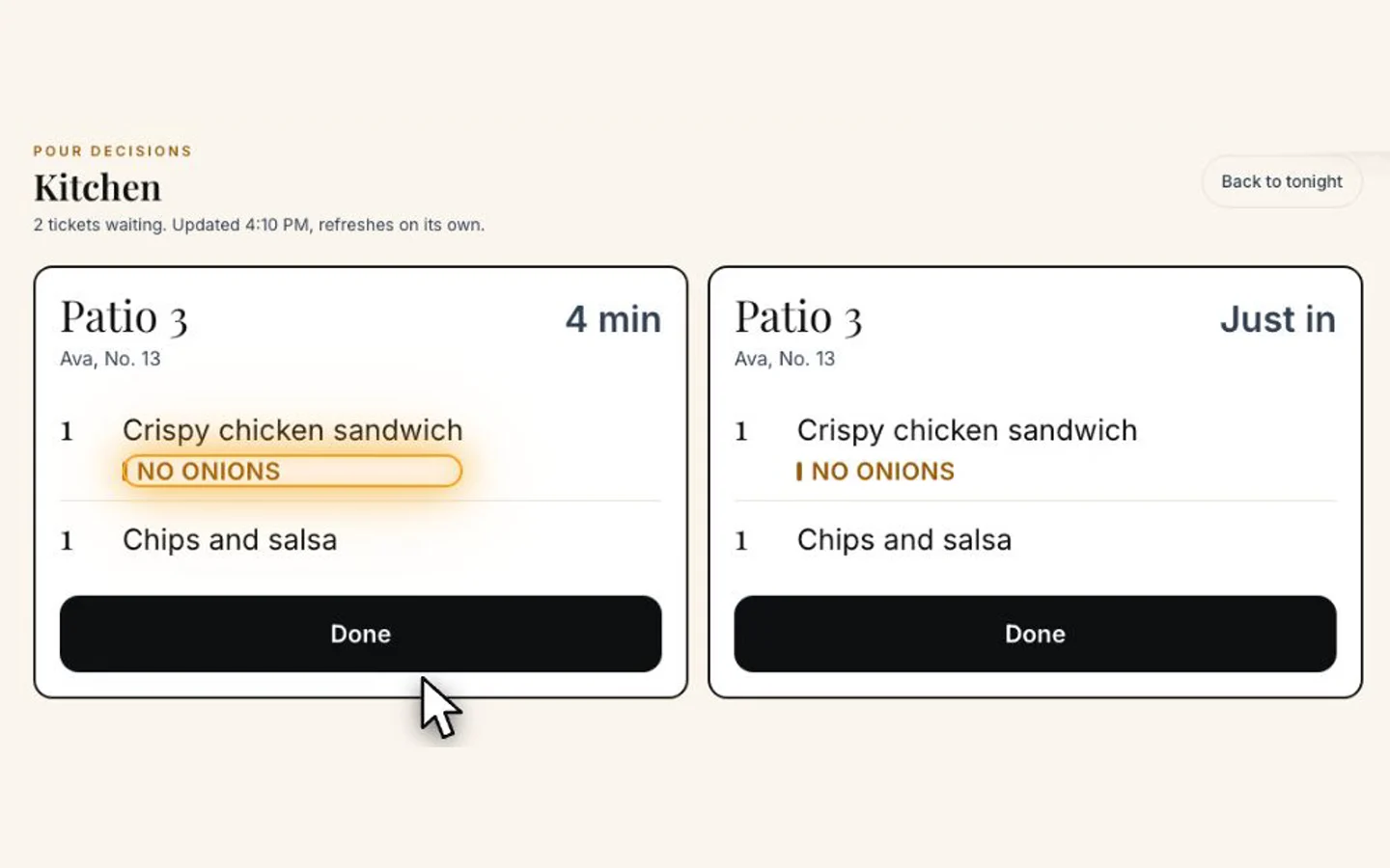 Salad Bowl America's kitchen screen with two tickets for Patio 3, one waiting 4 minutes and one just in