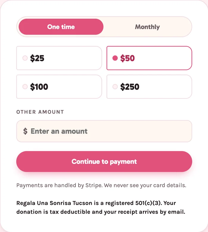 Regala Una Sonrisa’s donation form: one time or monthly, $25, $50, $100 or $250, and a Continue to payment button